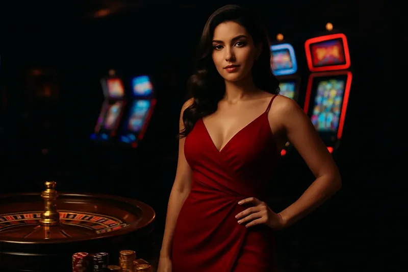 Elegant Casino Banner Beautiful woman in red dress standing confidently near roulette and slot machines in a luxury Bangladesh casino with neon lights, gold coins, and poker chips