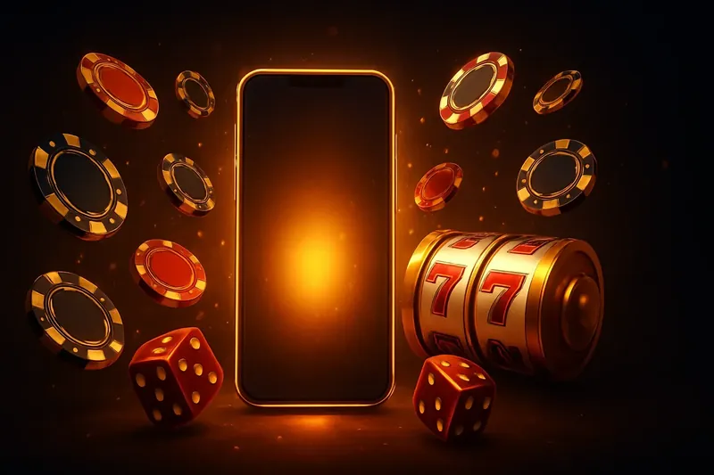 Luxury Casino Banner Glowing smartphone surrounded by casino chips, slot reels, and dice on dark gold background